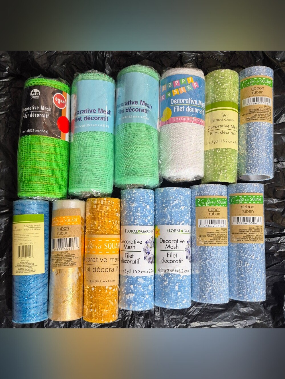 Lot of 13 Craft Decorative Mesh Ribbon Rolls Green Blue Gold Easter Wreath Makin
